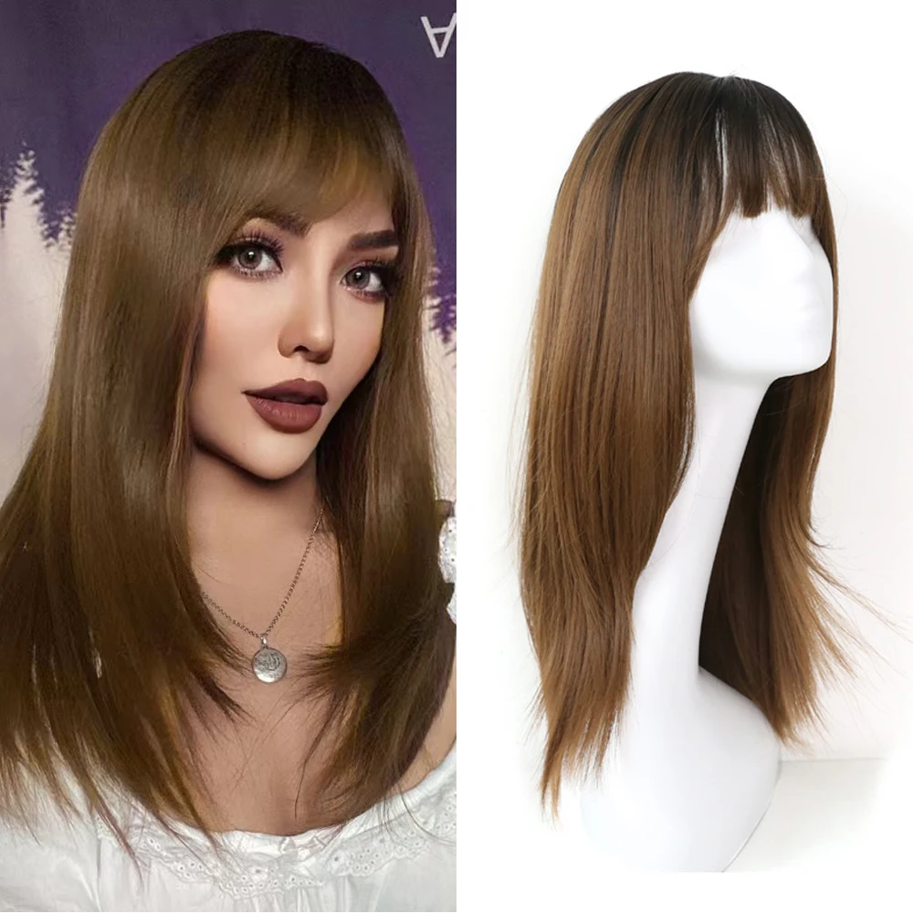 

Sivir Synthetic Wigs for Women Long Straight Wigs with Bangs Black to Brown Ombre Daily Natural Hair Wigs Heat Resistant