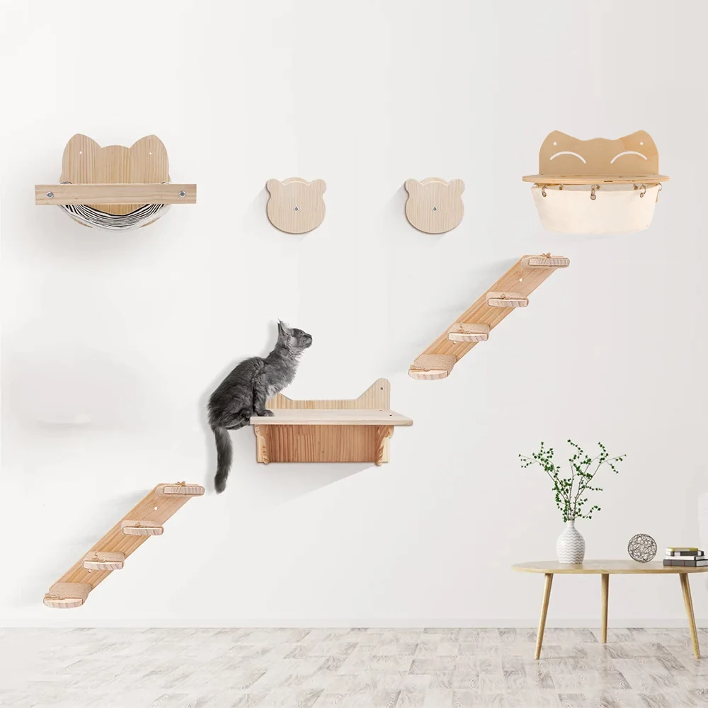 

Cat Hammocks Cat Wall Wooden Climbing Set Climbing Ladder Shelves Pet Trees Cat Furniture Pat Mat Durable and Removable Hammock