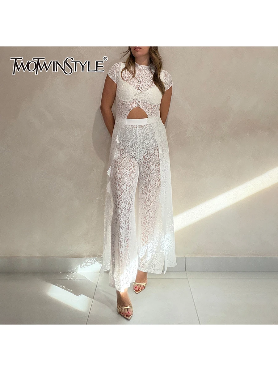 TWOTWINSTYLE Einfarbiges Schlankmachendes Set mit Spitzenbesatz Elegantes Zweiteiler-Set für Damen Patchwork Elastische Taille Hosenanzug Damenmode Neu