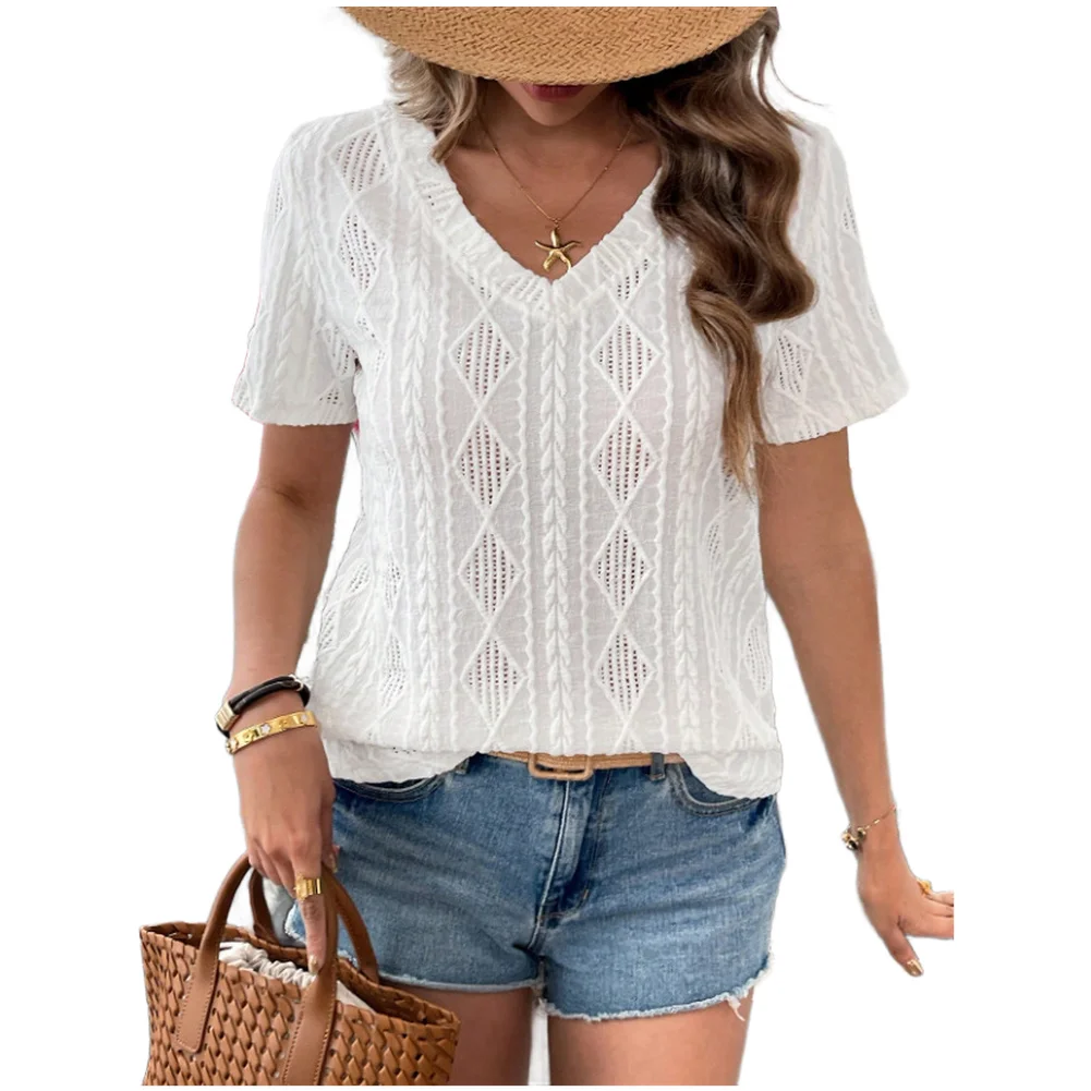 

Womens Casual V Neck Short Sleeve T Shirt Summer Polyester Pullover Medium