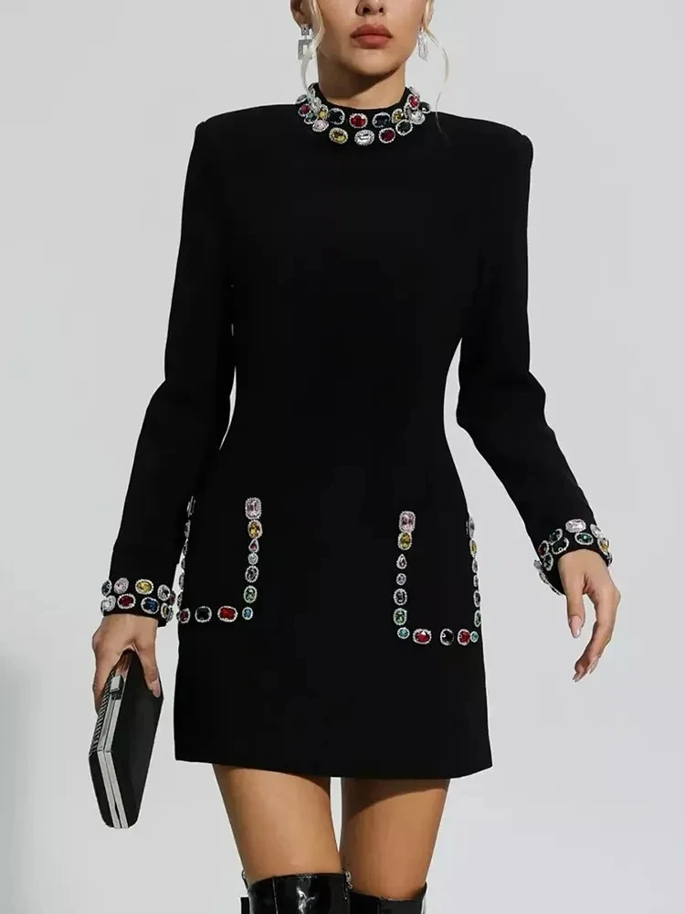 

Newest 2024 Designer Fashion Women's Colorful Diamond Standing Neck Long Sleeve Dress