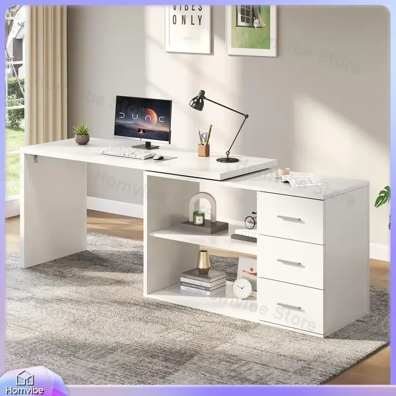 White L Shaped Computer Desk with Drawers Shelves 360 Degree Rotating Office Desk Storage Cabinet Corner Desk for Home Study