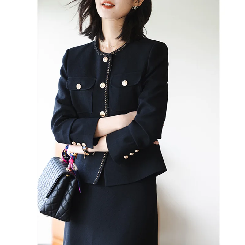 Black Acetate Fiber Blazers Set Autumn Women Luxury Collarless Skirts Suits Xiaoxiangfeng Jacket Suit Button Long Sleeves Coats