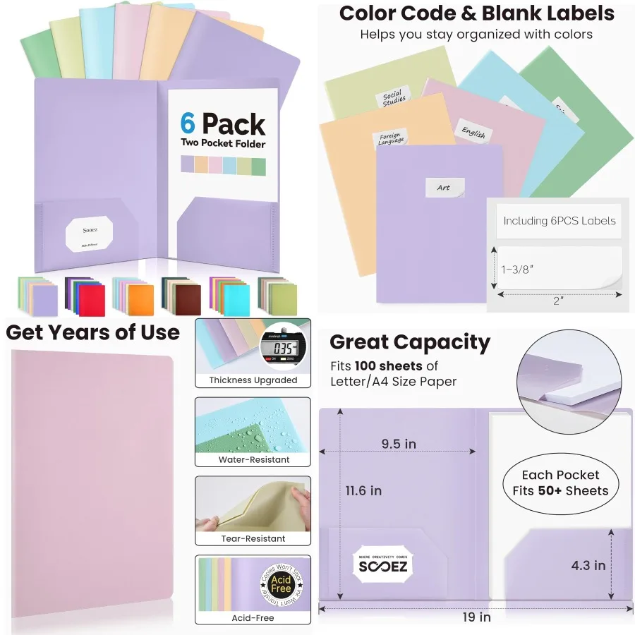 

Sooez 6Pack Folders with Pockets Pastels Colors for Back to School and Office Use Heavy Duty Plastic Folders with Pockets 2-Poc