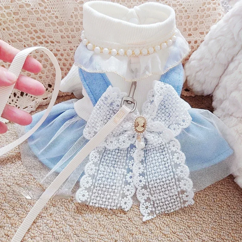 

Cross borderPet cat bears Teddy dog clothes autumn and winter clothes autumn princess dress can be equipped with a leash denim
