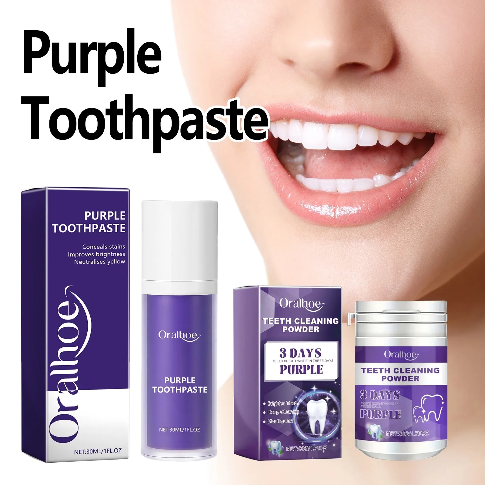 Purple Teeth W-hitening Toothpaste Deep Cleaning Teeth Reduce Plaque Stain Breath Freshen 3 Days Teeth W-hitening Powder Set