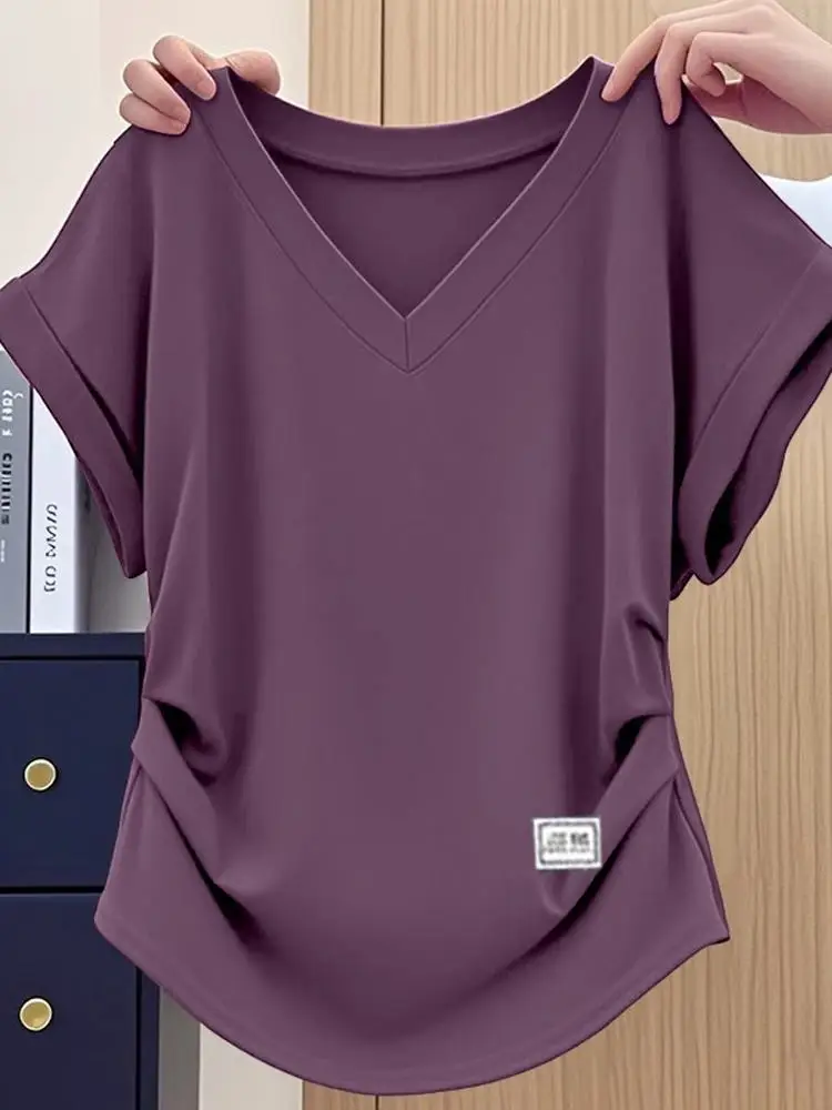 

Loose Fit Pure Cotton V-Ne ort Sve T-irt Women's Summer New Sle Slimming Pleated Arc Bot Hem Top Korean Sle
