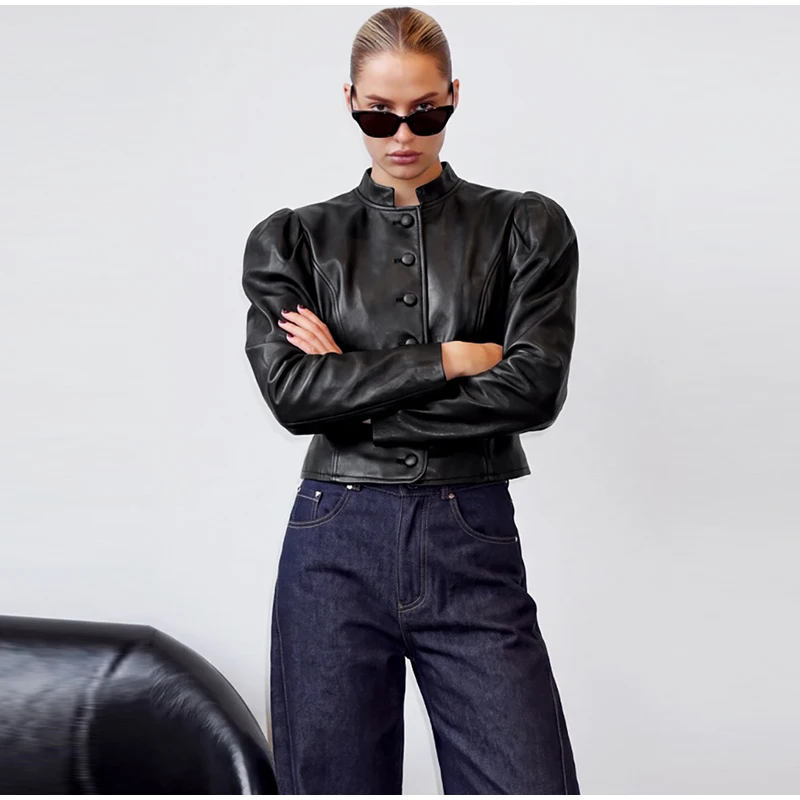Fashion Solid Faux Leather Women's Jacket Stand Collar Button Short Loose Puff Long Sleeves Coat Chic 2026 Autumn New Daily Wear