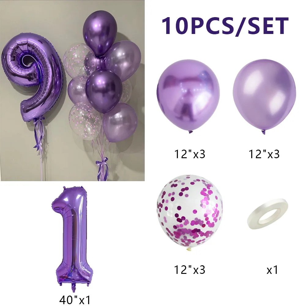 10pcs Number Foil Purple Latex Balloons Happy Birthday Party Decorations Kids First Baby Girl 1st 1 2 3 4 5 6 7 8 9 Years Old ﻿