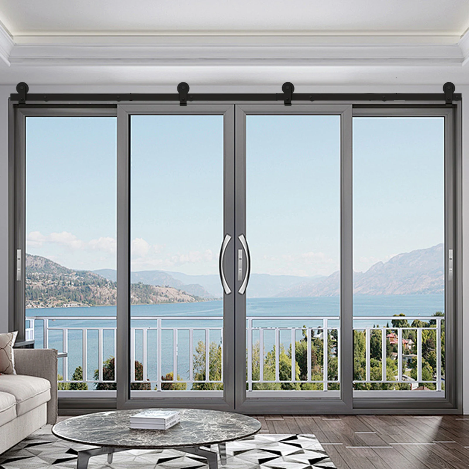 أجهزة باب الحظيرة 76 بوصة أسود ثنائي الطي مسار الباب المنزلق الثقيلة باب المزرعة الأجهزة تنوعا انزلاق الحظيرة