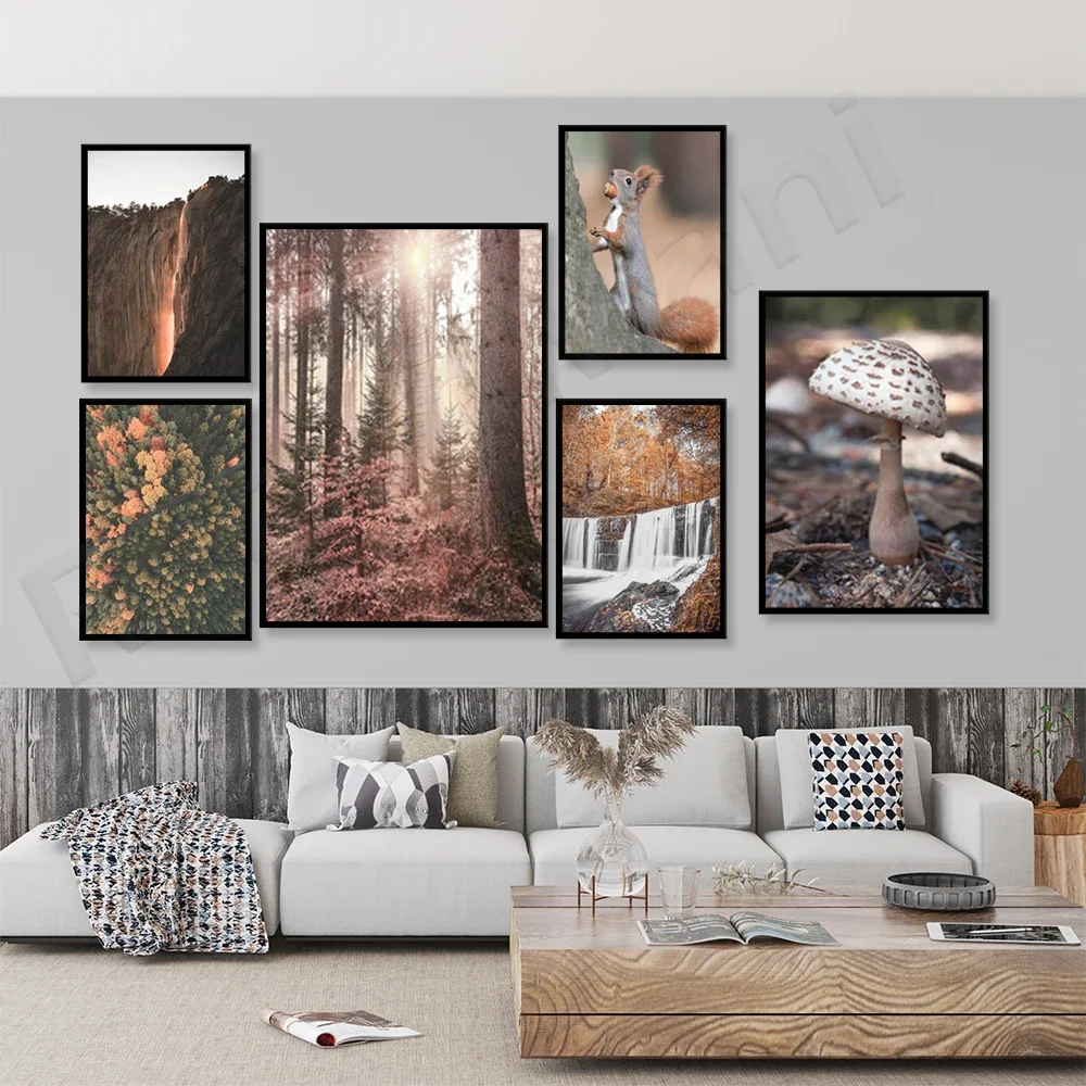 nature print, forest wall art, squirrel print, yosemite travel landscape modern minimalist poster, gable art, waterfall print