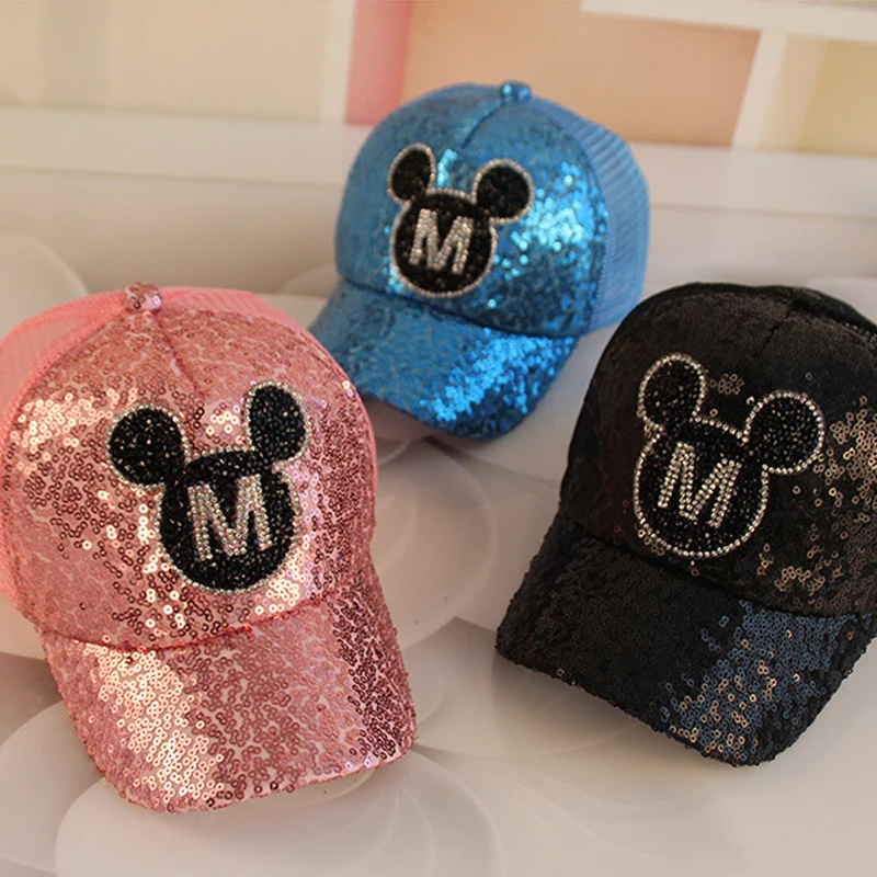 Disney Sequin Baseball Hats Spring and Summer Sun Shading Duckbill Hats Breathable Mesh Children\'s Hats Boys and Girls Gift