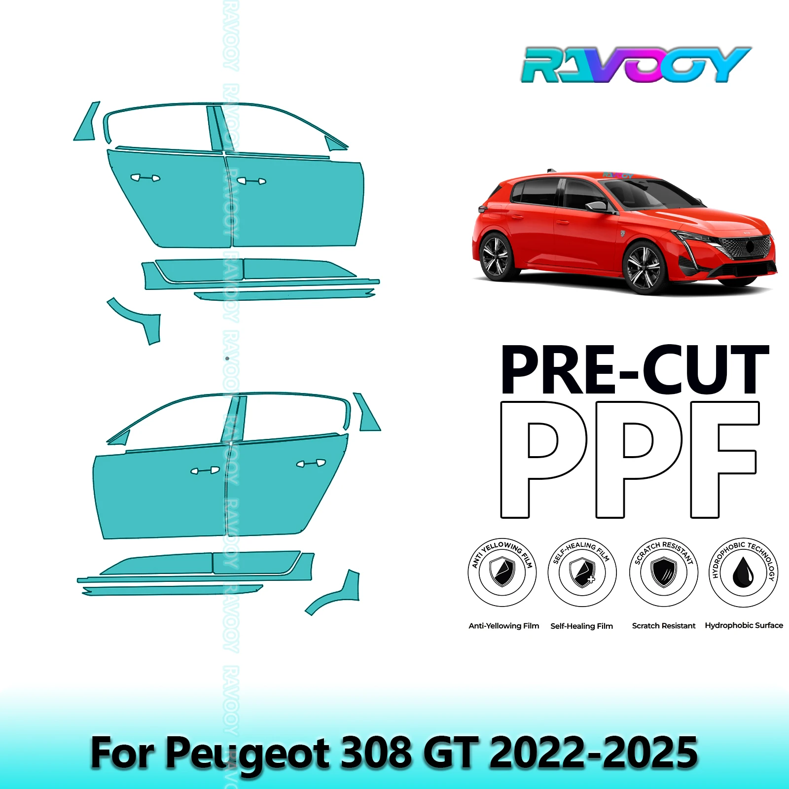 

For Peugeot 308 GT 2022-2025 8.5mil Clear Matte Pre-Cut PPF Door & A/B Pillar Kit TPU Paint Protection Film Set
