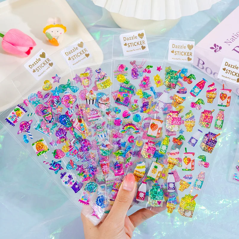 Dazzling Laser Crystal Three-dimensional Drop Glue Sticker Flash Cute Girl Heart Fresh Hand Ledger Unicorn Candy Sticker