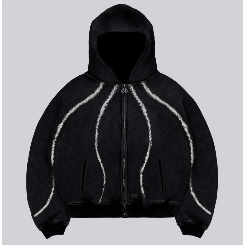 

Heavy Splicing Striped Zipper Hoodie Street Harajuku Hip-hop Retro Men's and Women's Autumn and Winter Thickened Y2k Hoodie