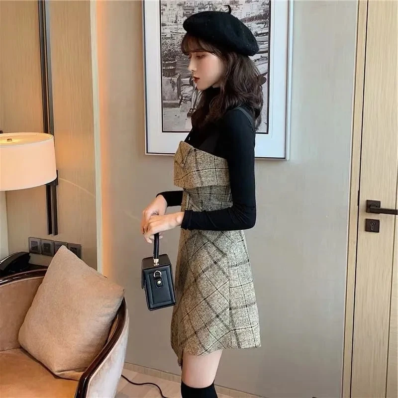 2023 Autumn Winter Women's 2 Piece Dress Set Lady Graceful Slim Plaid Mini Irregular Dresses Sweater Suit Fashion Outfits Female