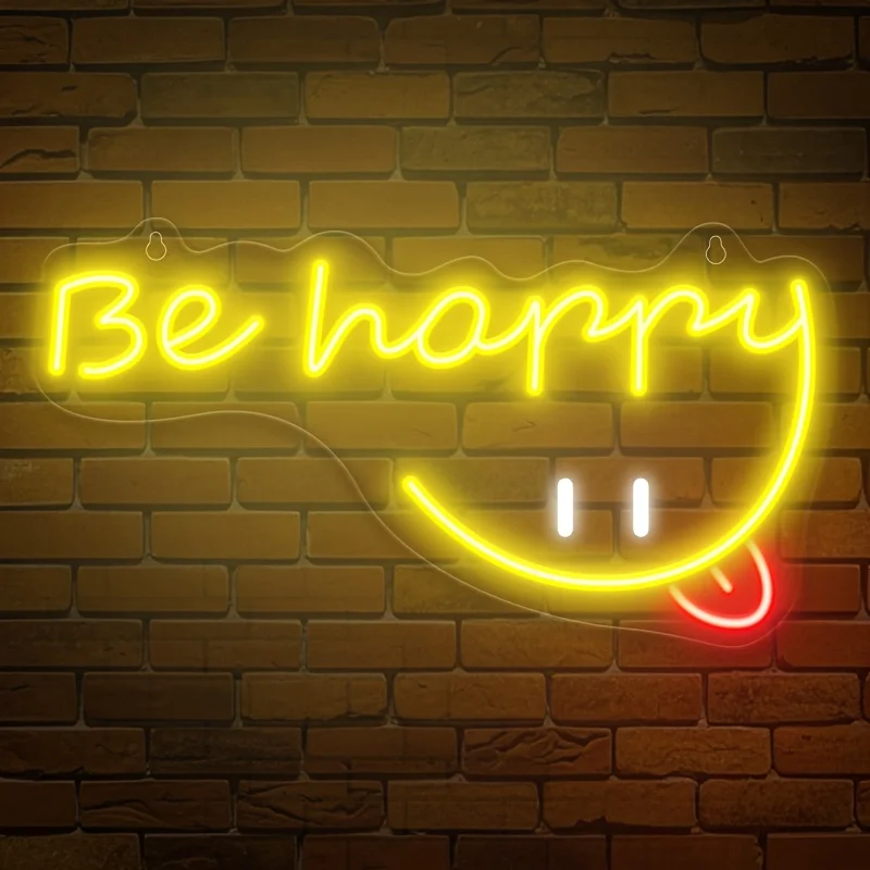 Be Happy Smile Face Neon Sign Dimmable USB LED Neon Light for Kids Bedroom Nursery Classroom Cafe Dorm Cozy Homestay Decor Gift
