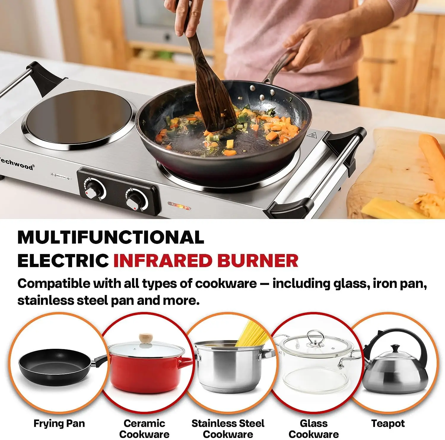Double Infrared Ceramic Electric Hot Plate Stove for Cooking, 1800W Portable Cooktop with 2 Burners and Dual Controls, Anti-Scald Handles, Works with All Cookware, Ideal for Home, Office, or Camp Use