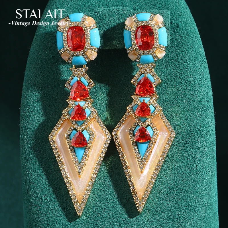 

Vintage Red Crystal Large Statement Earrings Blue Enamel Geometric Contrasting Exaggerated Antique Jewelry Aesthetic for Women