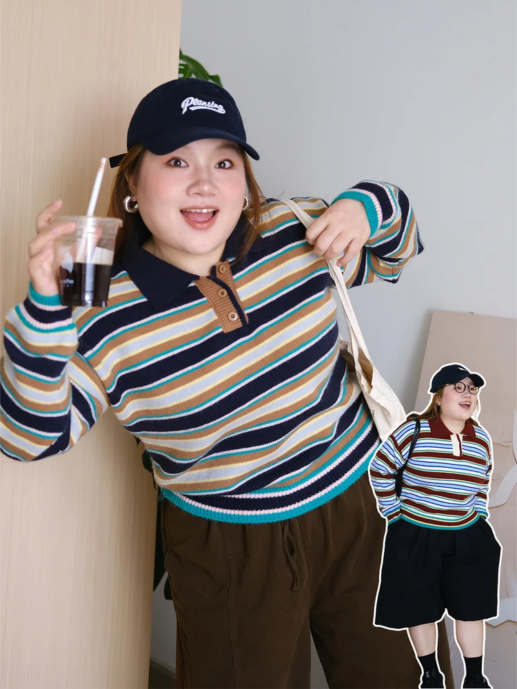 

Zooobaby04 Корейский свободный вязаный свитер с длинными рукавами для женщин, повседневный полосатый топ с отложным воротником, эффект стройности