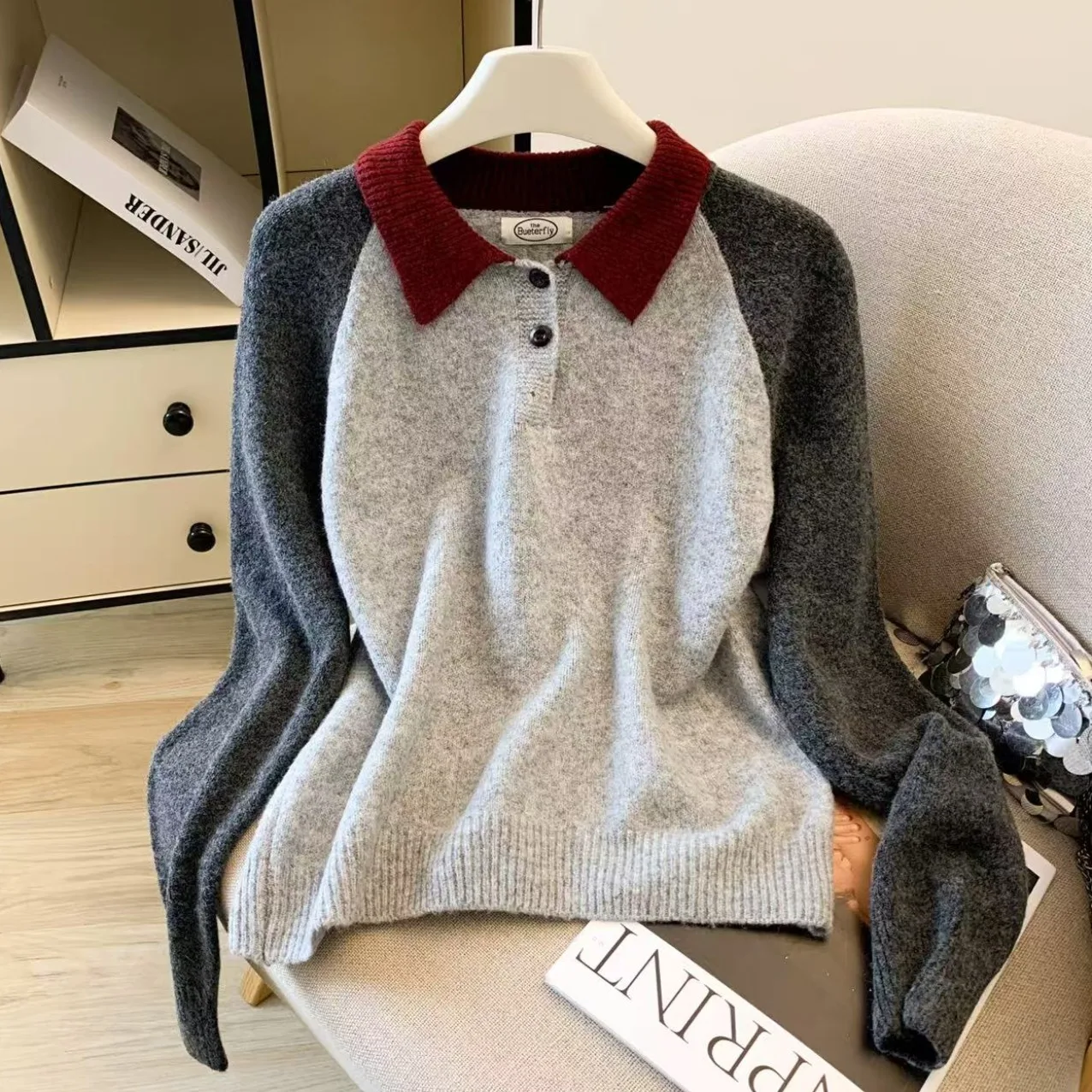 

Loose Fit Korean Sle Lazy Casual Color Blo oulder Insertion Sweater Women's Autumn Winter Slimming Loose Collar Top