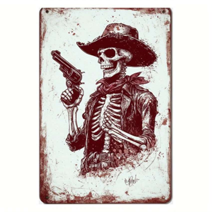 Vintage Western Cowboy Skeleton with Guns Metal Tin Sign - Rustic Iron Wall Art es, Distressed Edges & Aged White Background, In