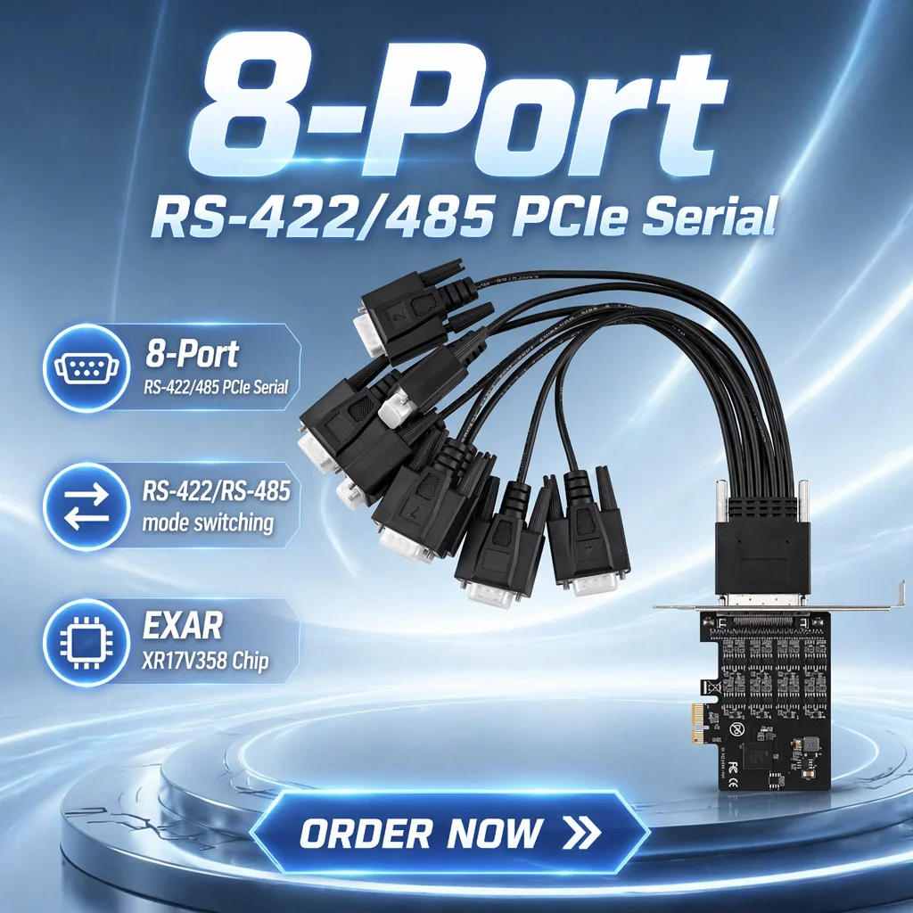 Lekuo 8-Port PCIe RS485 RS422 Converter Industrial Card 1.2km with Surge Protection Half/Full Duplex Low Profile for Win/Linux
