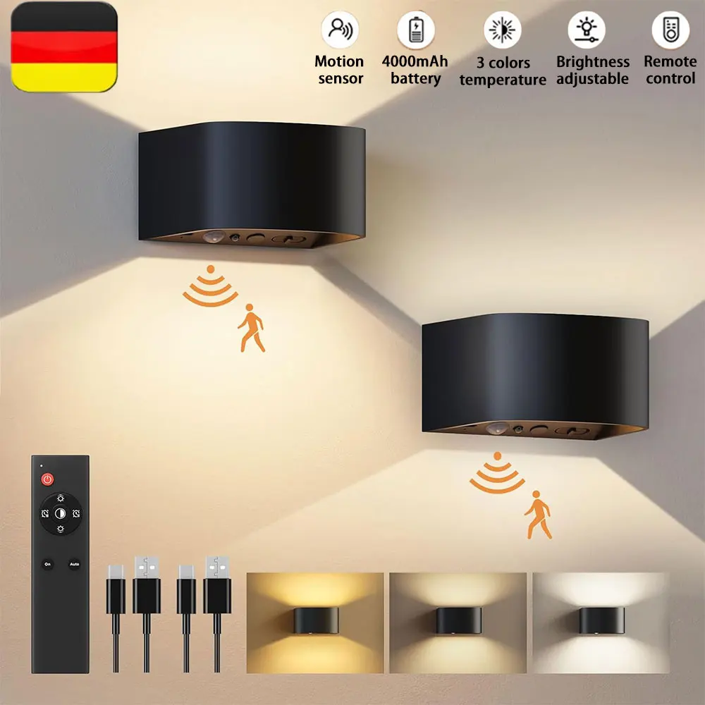 2PCS Motion Sensor LED Wand Licht 3 Farben Drahtlose Wand Lampe LED Indoor Up Und Down Wandleuchte 4000mAh helligkeit Einstellbar