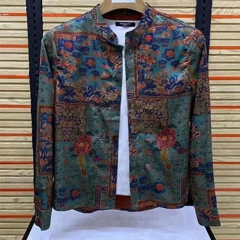 Spring Autumn New Floral Printing Jacket Man Fashion Round Neck Long Sleeve Button Cardigan Chinese Style All-match Y2K Outwear