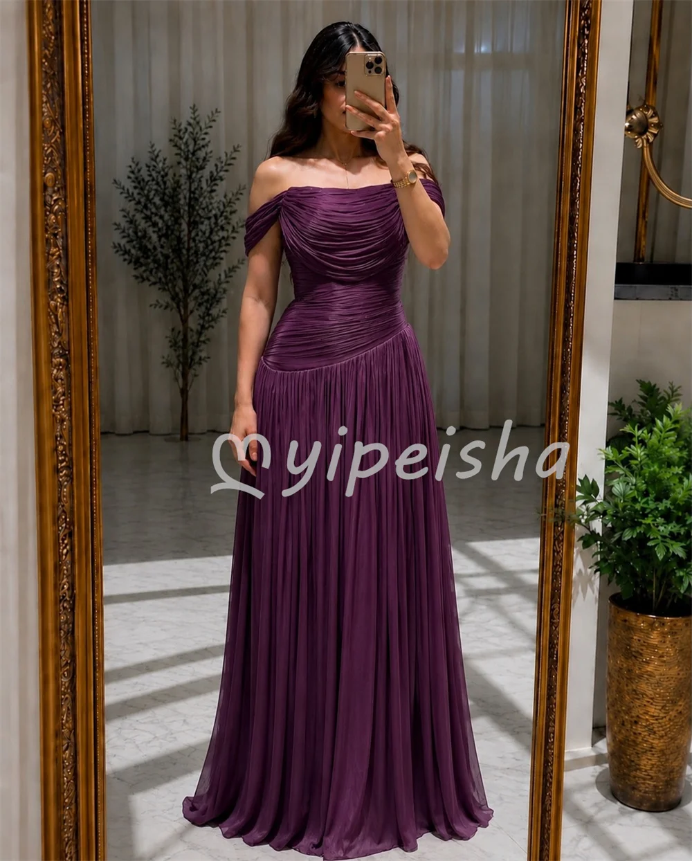 Dark Purple Pleat Ruched A-line Off-the-shoulder Floor-Length Evening Dresses Women's Party Gowns Sizes AvailableCustomized
