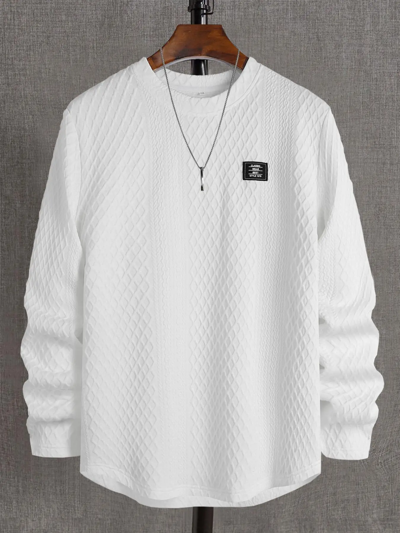 Men's Regular Fit Long Sleeve T-Shirt Textured Knit round Neck Casual Patched Detail Top for All Seasons Fashion