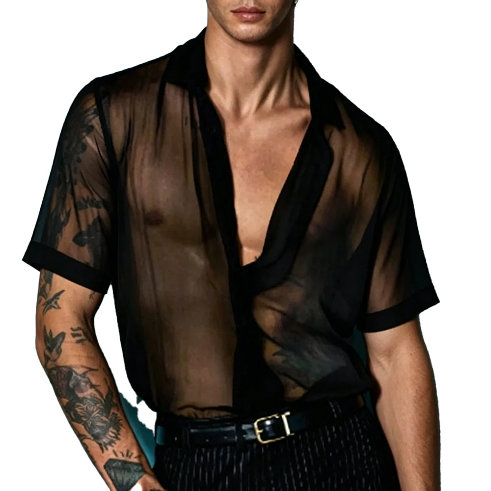 Mens Mesh Sheer Lightweight Sexy Short Sleeve Shirt Streetwear Fashion Nightclub Stage Performance Gayboys Avant Garde Top 2026