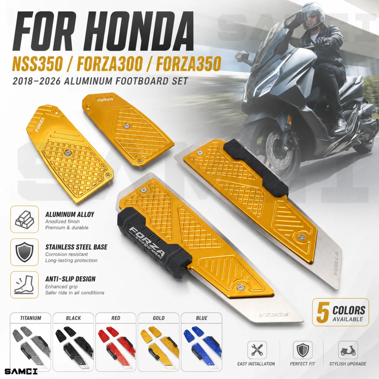 Motorcycle New FootPegs Skid Proof Footpads Aluminum Alloy Rustproof Footrest For HONDA FORZ350 FORZA300 NSS350 2018-2026 2025