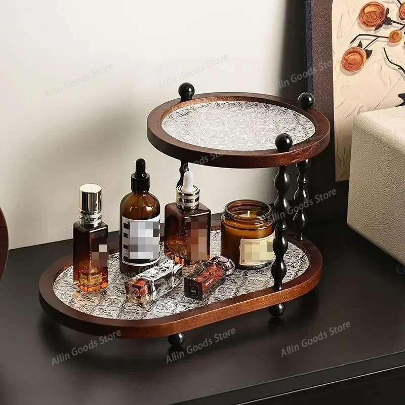 Retro Wooden 2-Tier Desktop Storage Shelf Cup Holder Organizer Multifunctional Countertop Container For Bathroom Porch Office