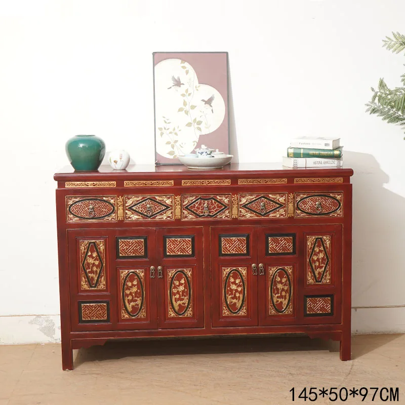 Chinese solid wood Ming and Qing classical old dining side cabinet retro carved multi-layer locker living room tea cabinet