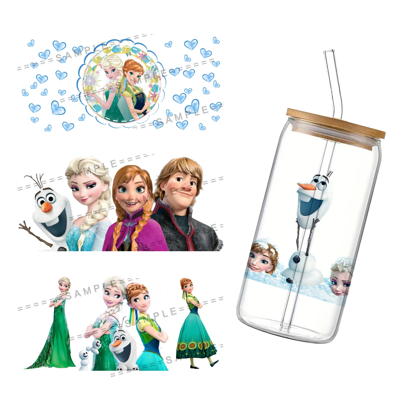 Nice Cute Disney Princess Frozen Design 3D UV DTF Cup Wrap Transfers Stickers Waterproof 16oz Glass UV DTF Wrap