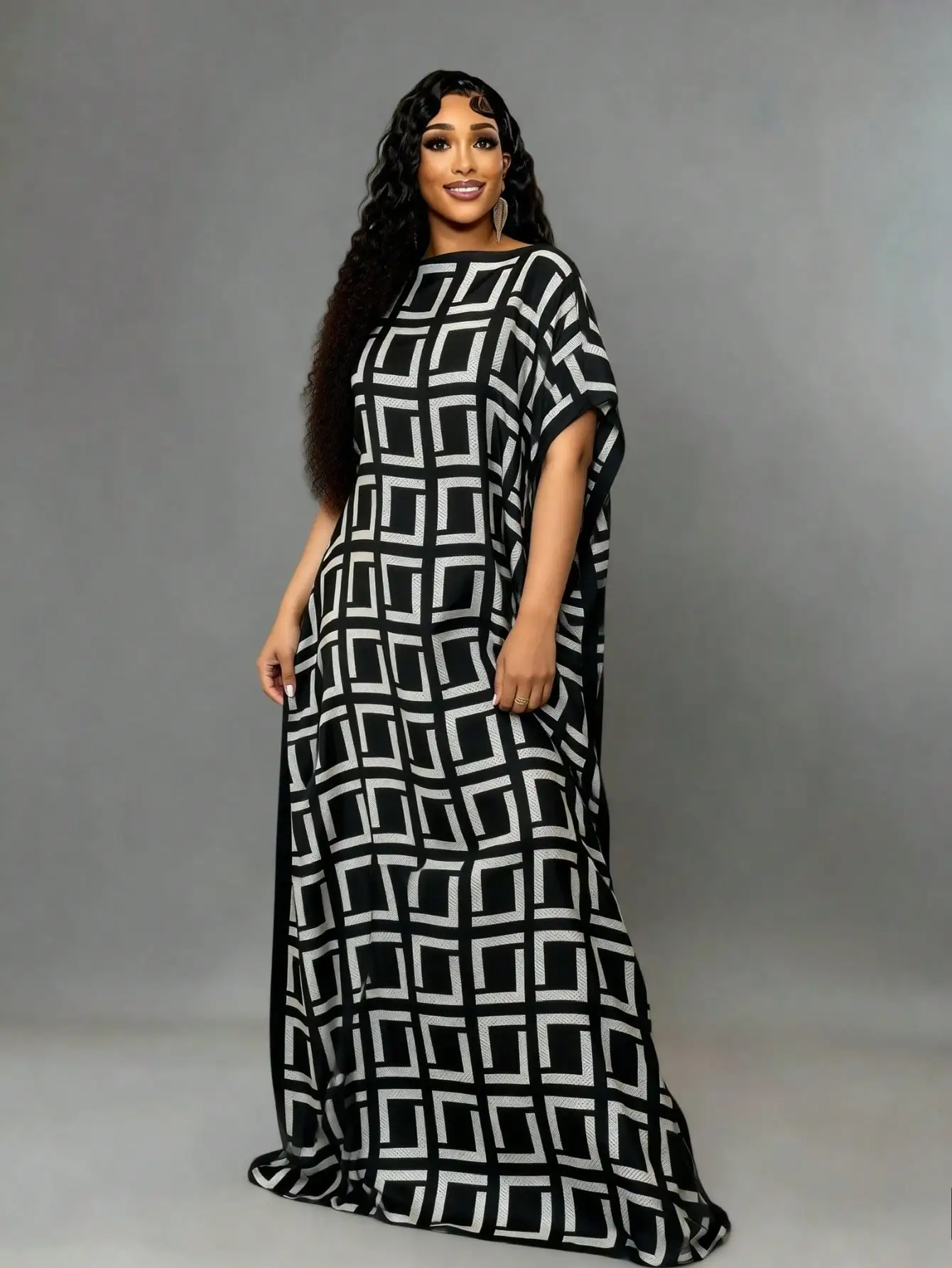 

Elegant Plus Size Silk Middle Eastern Kaftan Dress with Scarf African Print Robe 2 Piece Set Women Fashion