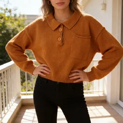 E-BAIHUI Yellow Sweater Women Autumn Plush Solid Color Knit Pullovers Winter Long Sleeve Turndown Collar Loose Ladies Jumpers