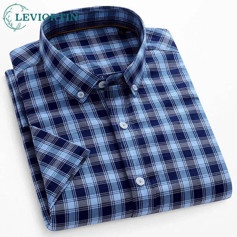 

Мужские свободные рубашки в клетку с коротким рукавом - ткань Оксфорд без морщин, дышащие, легкие, модные, универсальные повседневные топы