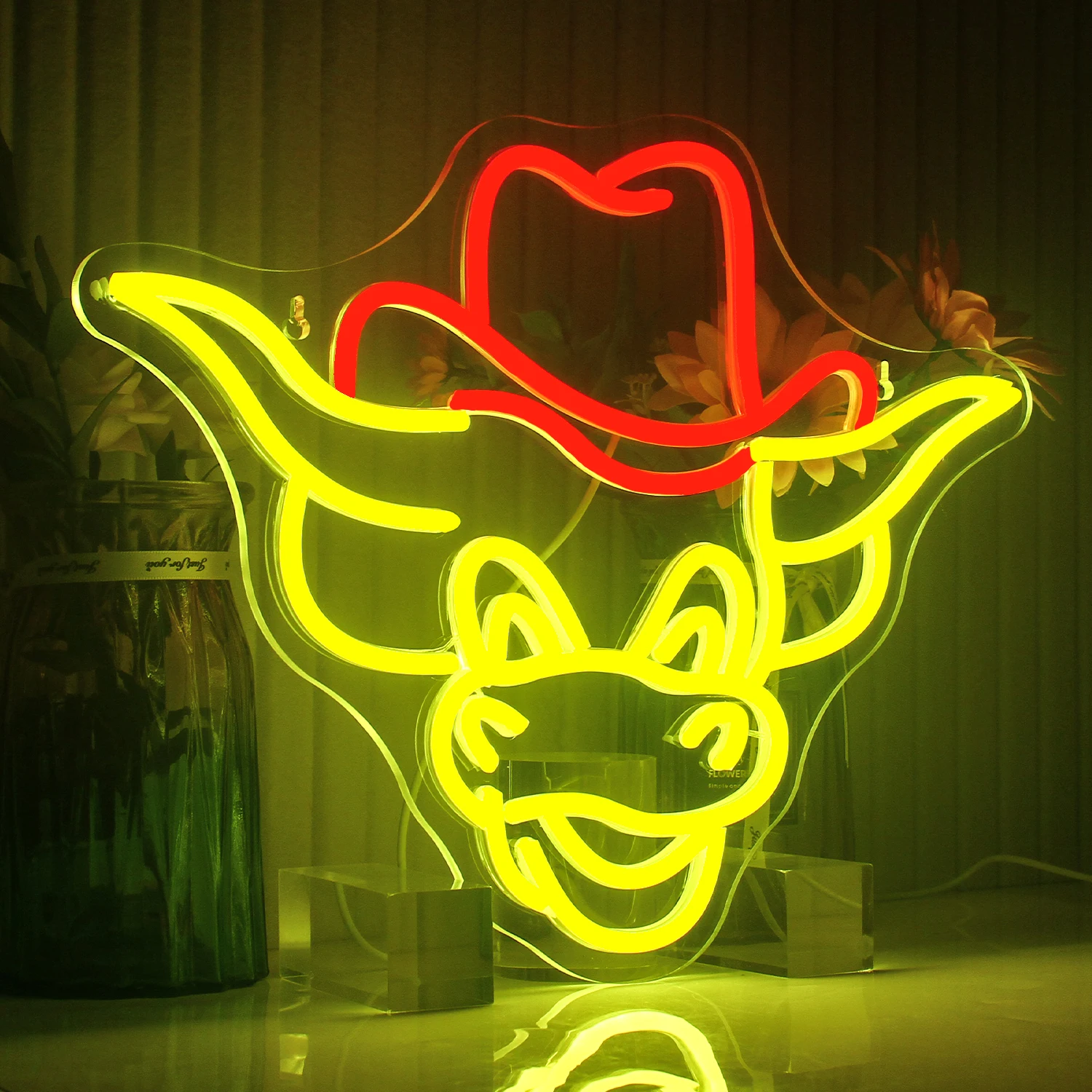 Cow With Hat Neon Sighs Yellow Red LED Hanging Wall Decoration For Home Bar Shop Gym Creative Dimmable Panel Lights Nice Gift