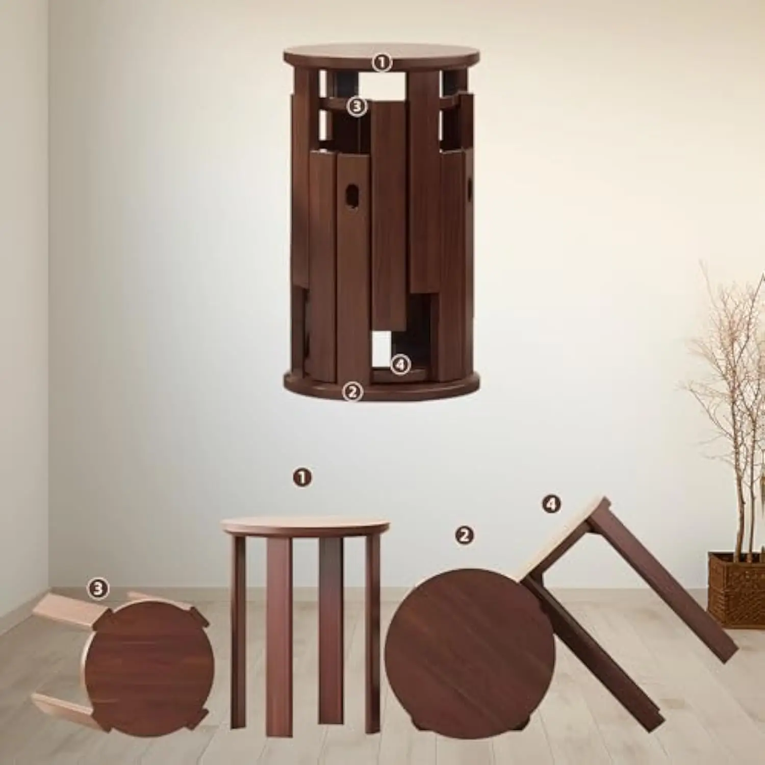 

Wooden Stackable Stools Set of 4, 4-in-1 Stacking Stools, Multifunctional Solid Wood Combination Seats for Kitchen Bedroom Liv