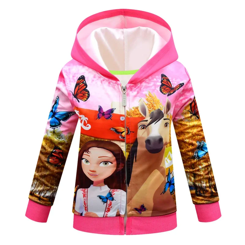 Lucky & Mustang Spirit Horse Cartoon Kids Hooded Hoodies Girls Clothes Children Sweatshirts Autumn Baby zipper Pullover Tops