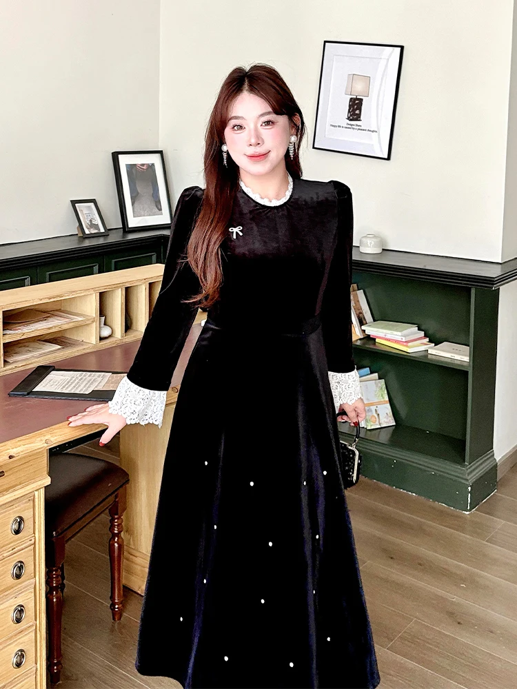 

Модная женская юбка А-силуэта больших размеров из бархата с кружевными вставками и расклешенными рукавами, с высокой талией, для повседневной носки