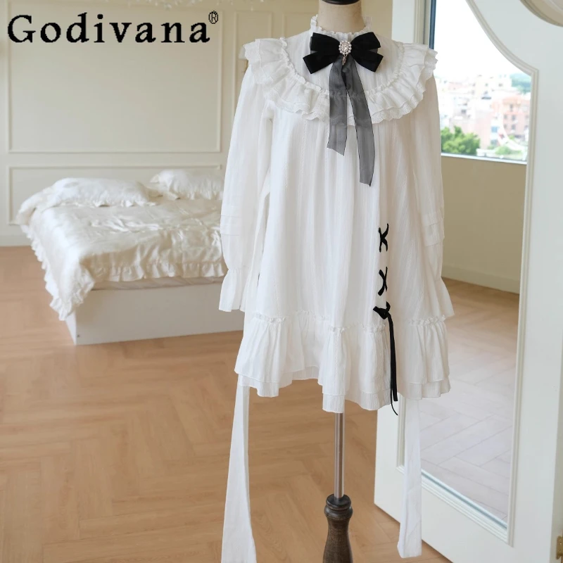 

Bowknot Japanese Style Lolita Dress for Girls Original French Sweet Doll Dress Women's Long Sleeve Lolita Cute White Dress