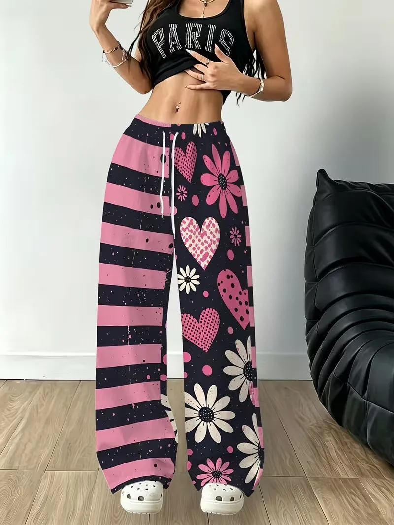 Ladies' casual and fashionable sports pants retro floral print casual loose pants soft and skin friendly fabric drawstring pants