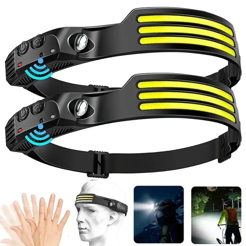 LED Sensor Headlamp Built-in 1200mAh Battery USB Rechargeable Head Flashlight Outdoor Waterproof Camping Fishing Headlight