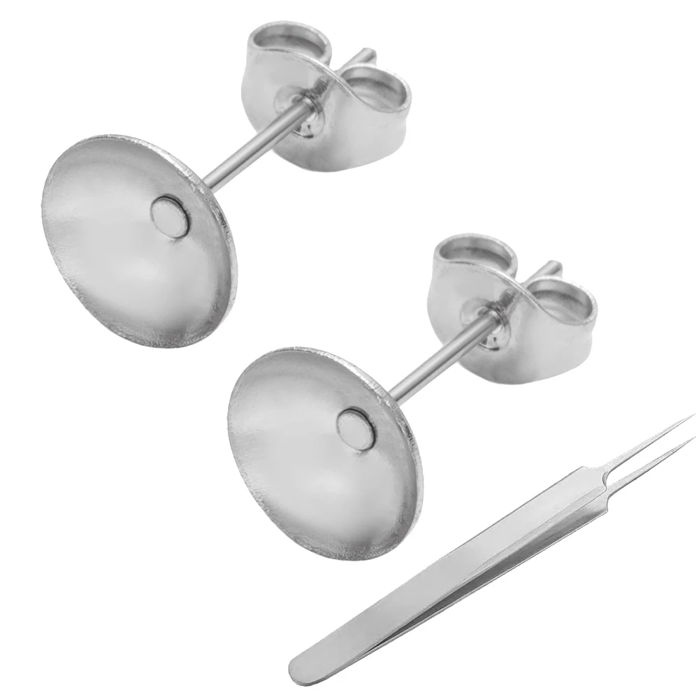 100pcs Stainless Steel Earrings Posts Half-Round Pad Blank with Butterfly Earring Backs Tweezers for DIY Jewelry Making Findings