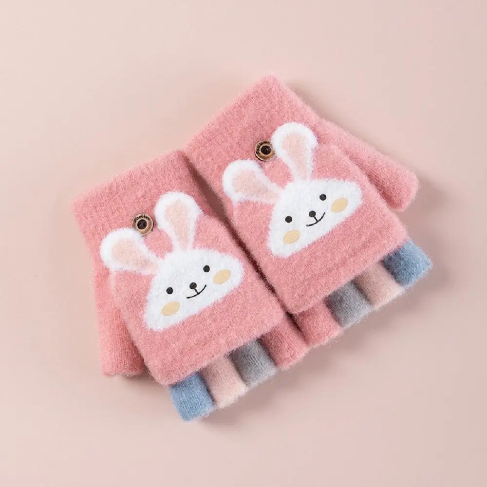 Half Finger Flip Gloves Kids Fingerless Gloves Rabbit Pattern Knitted Gloves Kids Plush Gloves Cartoon Design