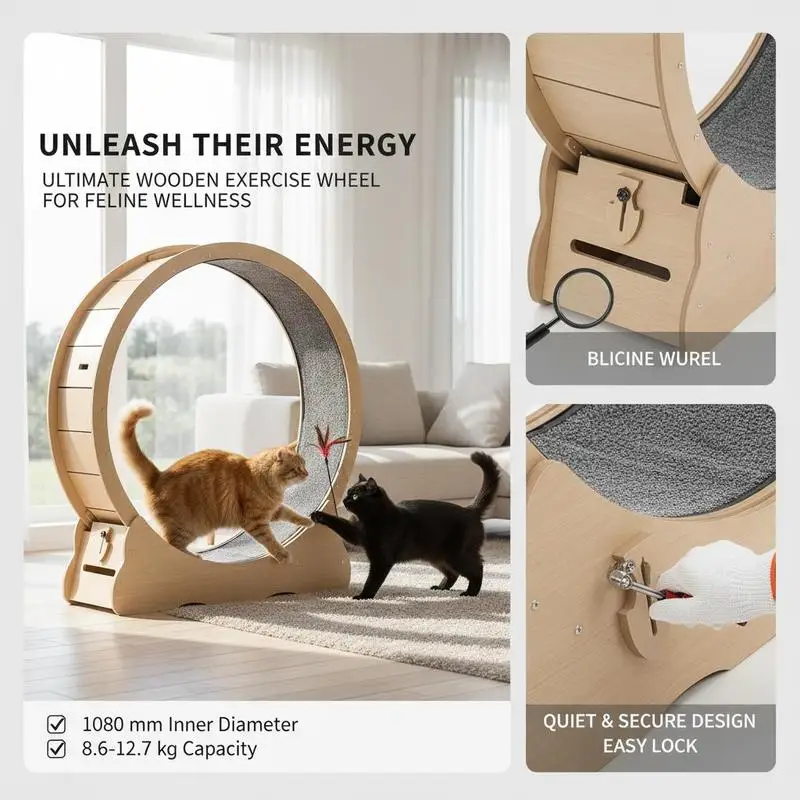Cat Exercise Wheel, 48 in Wooden Cat Running Wheel for Indoor Cats up to 28 lbs, Cats Treadmill with Carpeted Runway & Locking Mechanism, Quiet Roller Kitten Sport Toys for Pets Fitness & Health