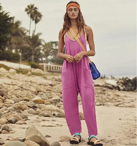 

Casual Jumpsuit Women Spaghetti Strap Sleeveless Loose Wide Leg Rompers with Large Pocket Pants Summer Solid Bib Overalls Outfit